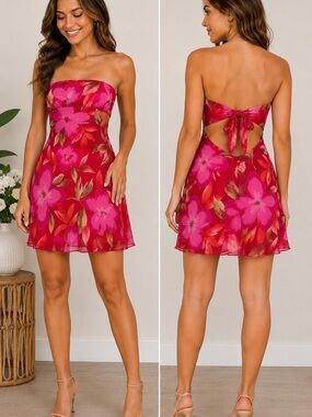 Vintage Y2K Blind Date Floral Strapless Dress Pink Medium Made In USA